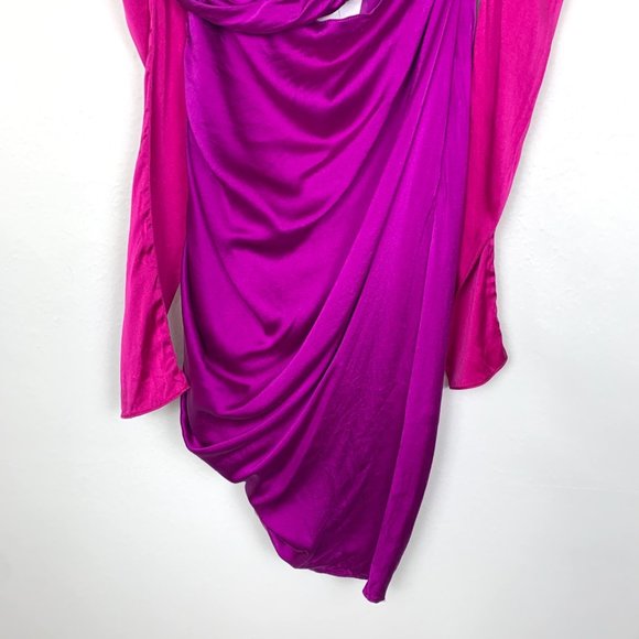 The Bar Silk Twist Puff Long Sleeve Ruched Mini Dress Pink Purple 0 - Picture 9 of 12